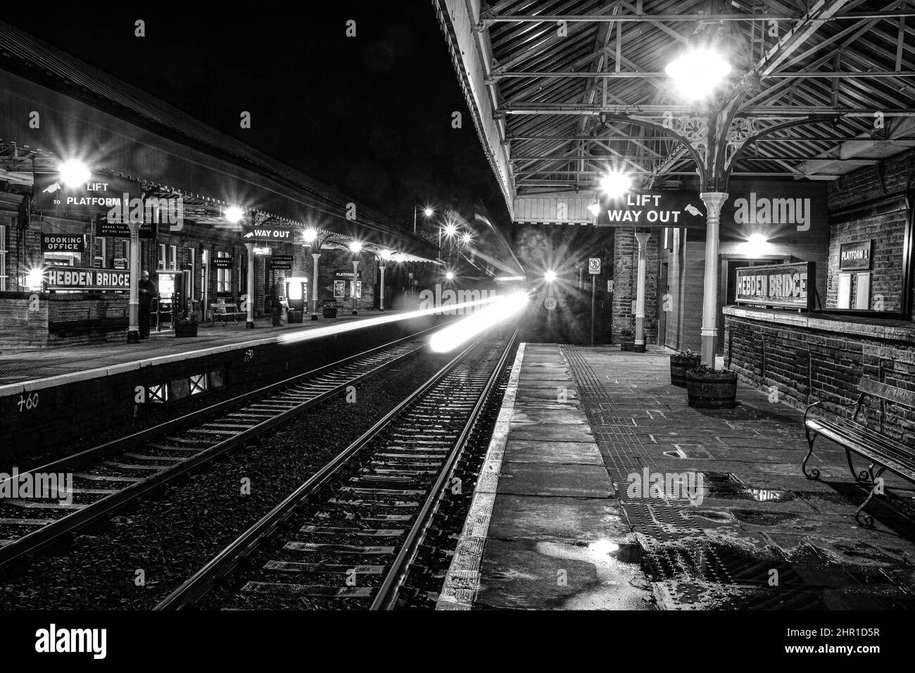 Hebden Bridge Railway Station at night, Hebden Bridge, Calderdale, West Yorkshire Stock Photo