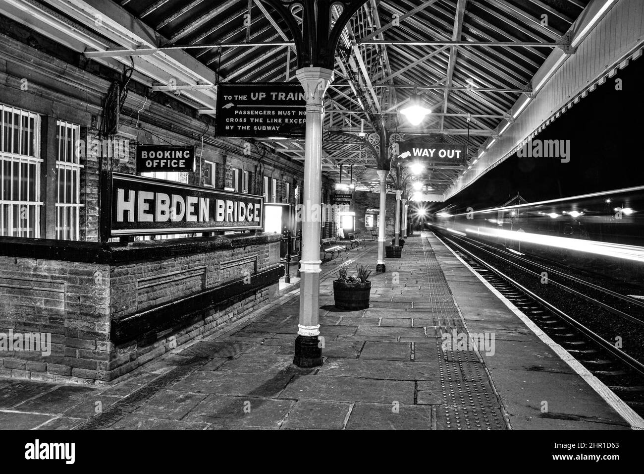 Hebden Bridge Railway Station at night, Hebden Bridge, Calderdale, West Yorkshire Stock Photo