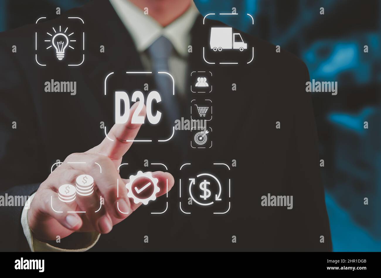 Direct to Consumer D2C virtual screen Internet Business big data Technology Concept. Stock Photo