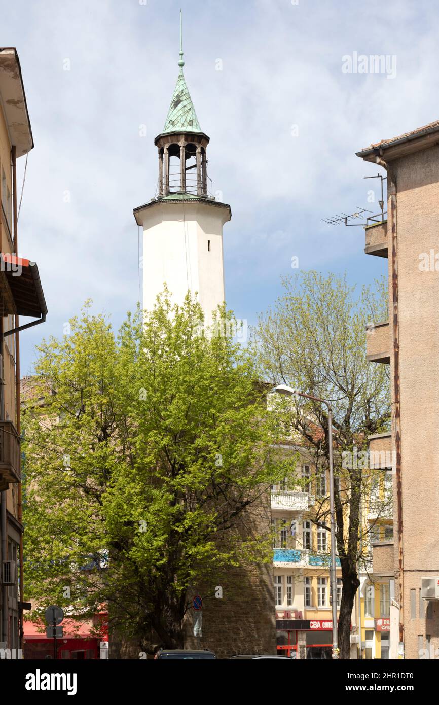 GABROVO, BULGARIA MAY 1, 2021 Old Clock Tower at the center of town