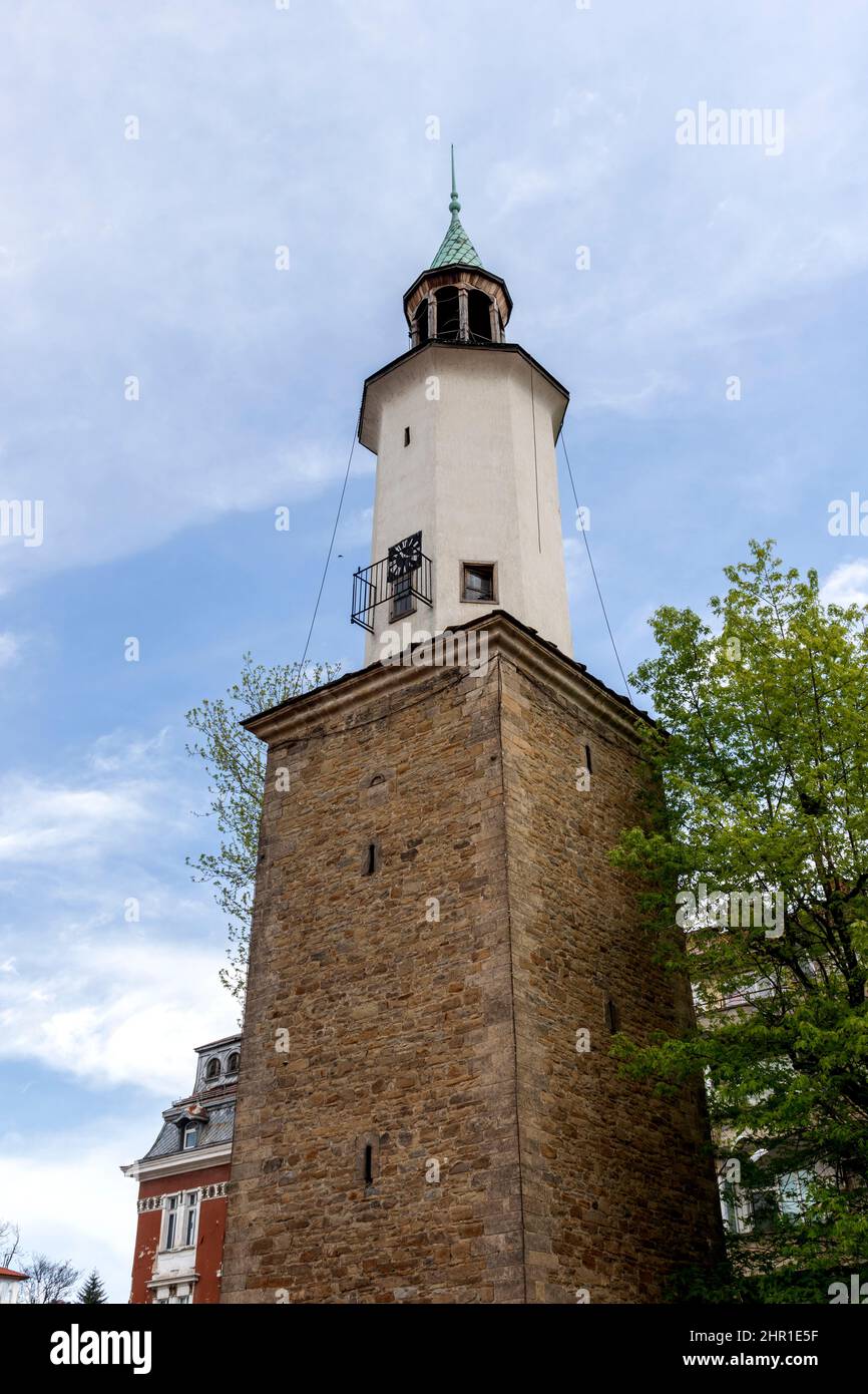 GABROVO, BULGARIA MAY 1, 2021 Old Clock Tower at the center of town
