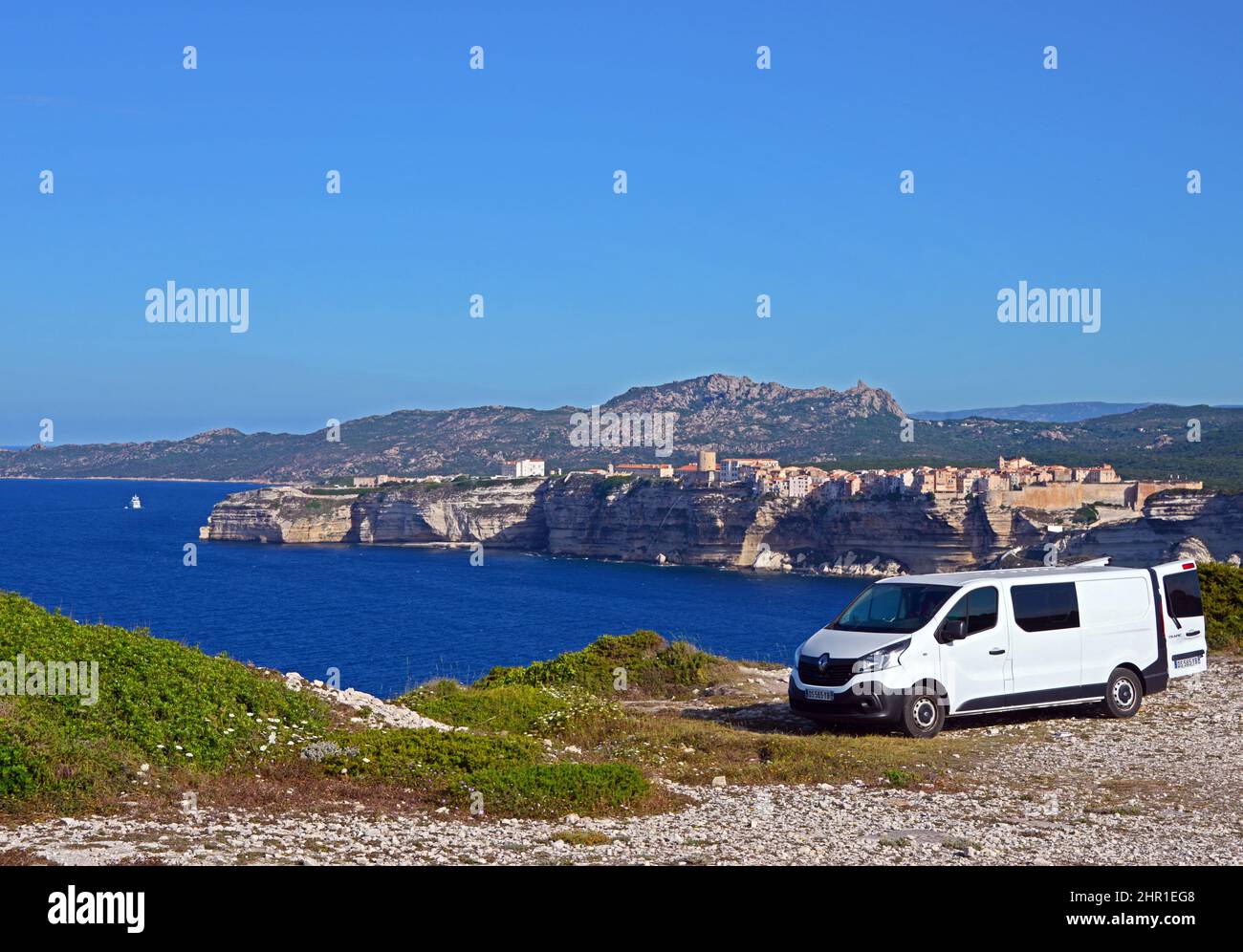 Camping car on the road to Cap Pertusatu south of Bonifacio, France