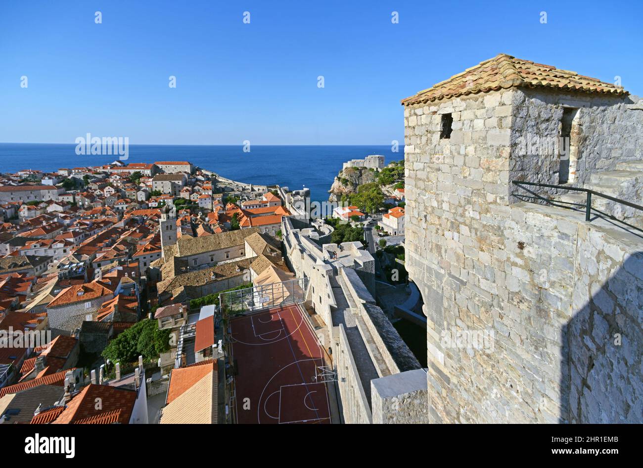 view onto the historic old town from the city wall (13th century), fortress Lovrijenac in the background, Croatia, Dubrovnik Stock Photo
