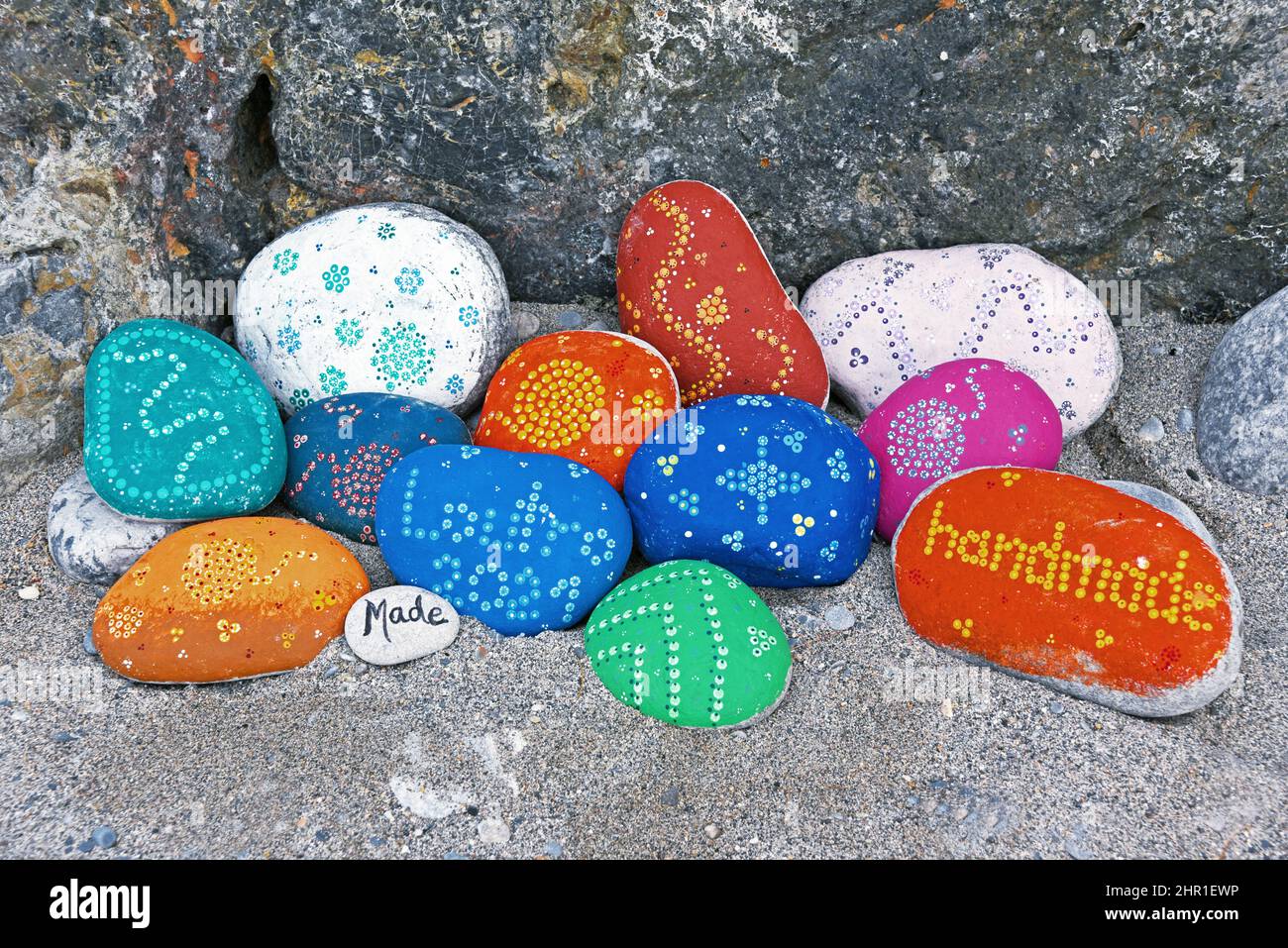 painted stones on the beach of Glyka Nera, Greece, Crete, loutro Stock Photo