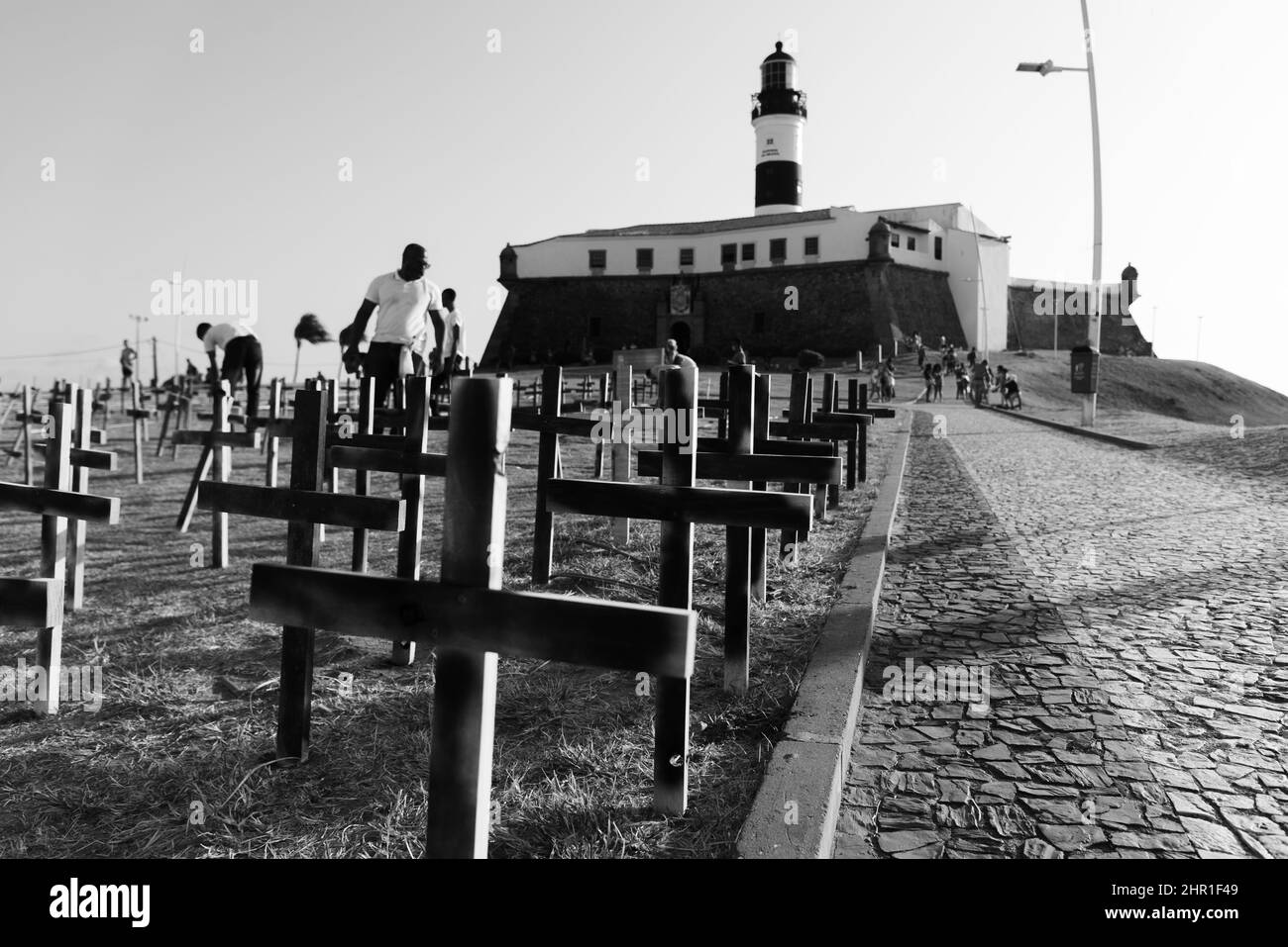 Crosses fixed to the ground in honor of those killed by Covid-19 at Farol da Barra in Salvador, Bahia, Bra Stock Photo