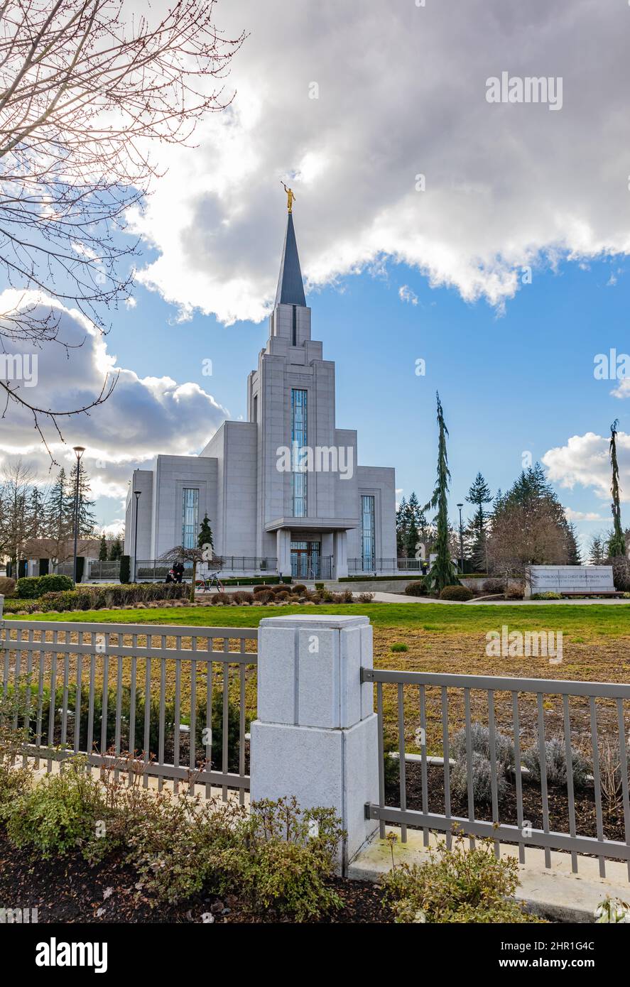 Modern architecture granite church building. Vancouver British Columbia Temple located at Langley BC, Canada-February 20,2022. Street photo, selective Stock Photo