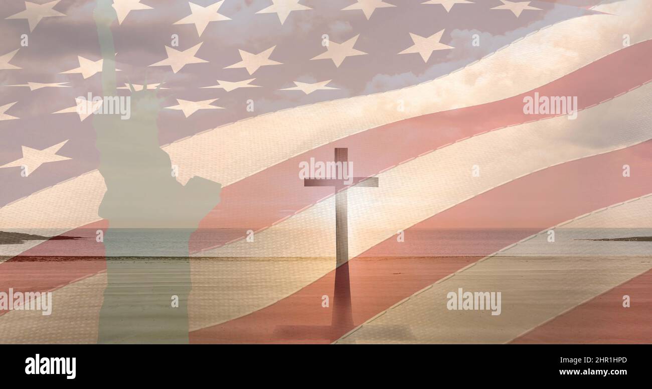 Image of crucifix and statue of liberty moving over american flag Stock