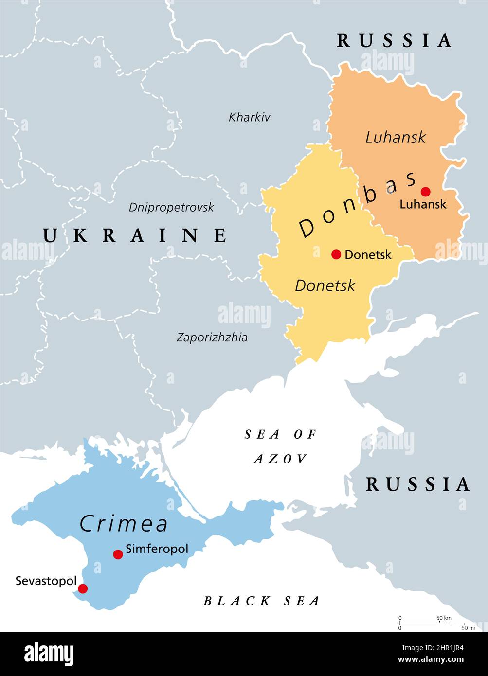 Donbas area and Crimea, Ukraine political map. The disputed areas Crimea peninsula on the coast of Black Sea, and the Donbass region formed by Luhansk. Stock Photo