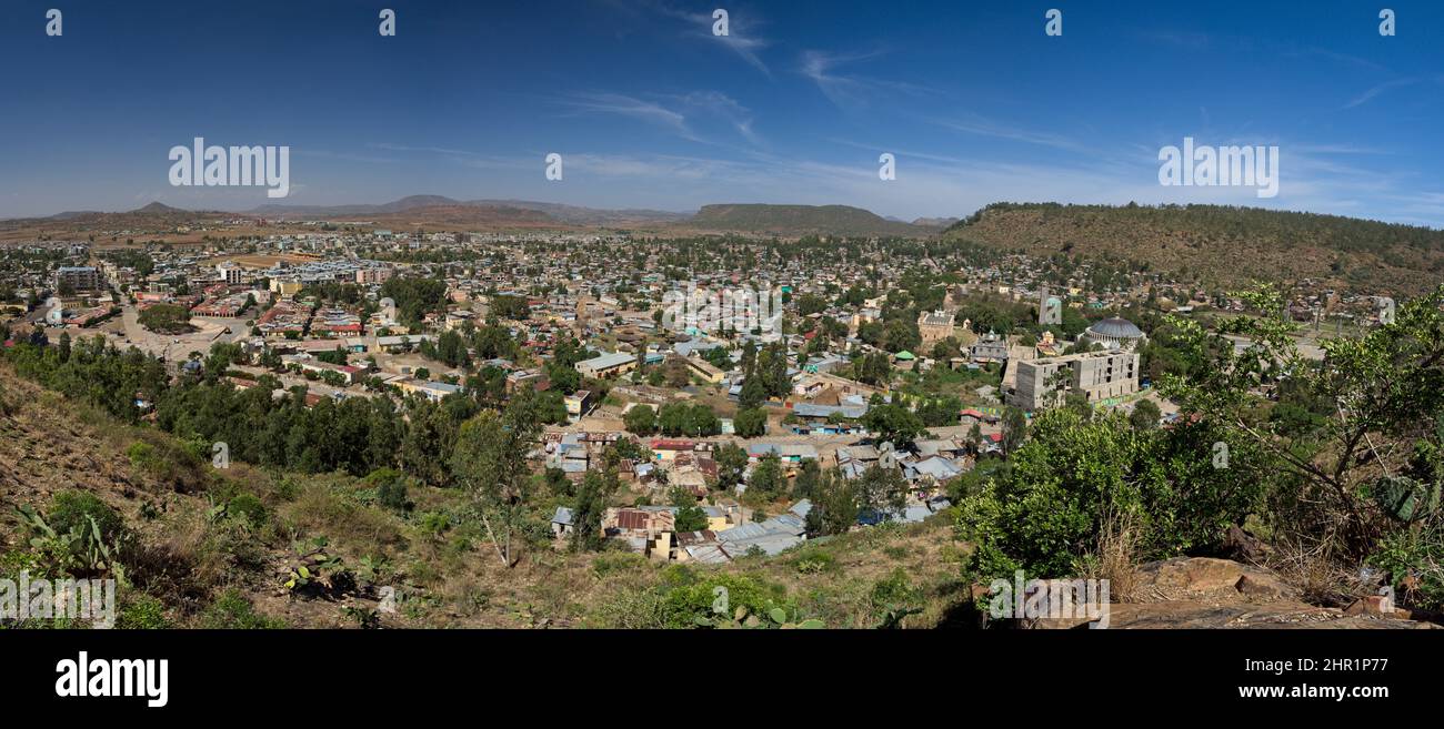 Landscape panorama view of Aksum, ancient city in northern Ethiopia known for its tall, carved obelisks and relics of the ancient Kingdom of Aksum and Stock Photo