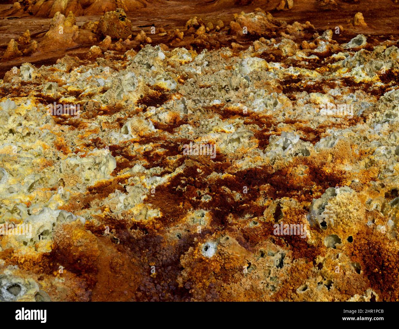 Panorama of surreal colors and Mars like landscape created by Sulphur springs in the hottest place on earth, the Danakil Depression in the Afar Region Stock Photo