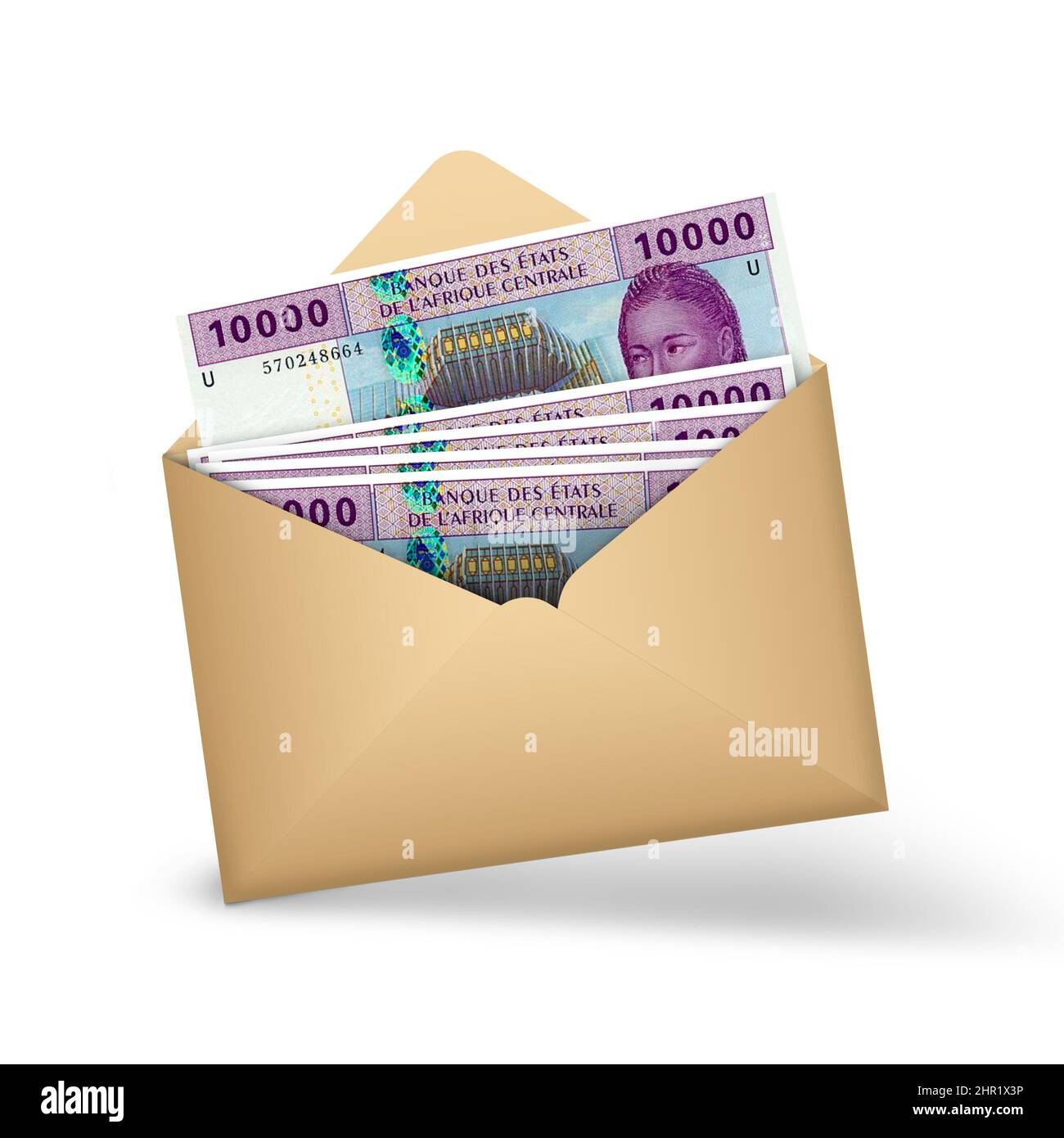 10000 Central African CFA franc notes inside an open brown envelope. 3D illustration of money in an open envelope Stock Photo