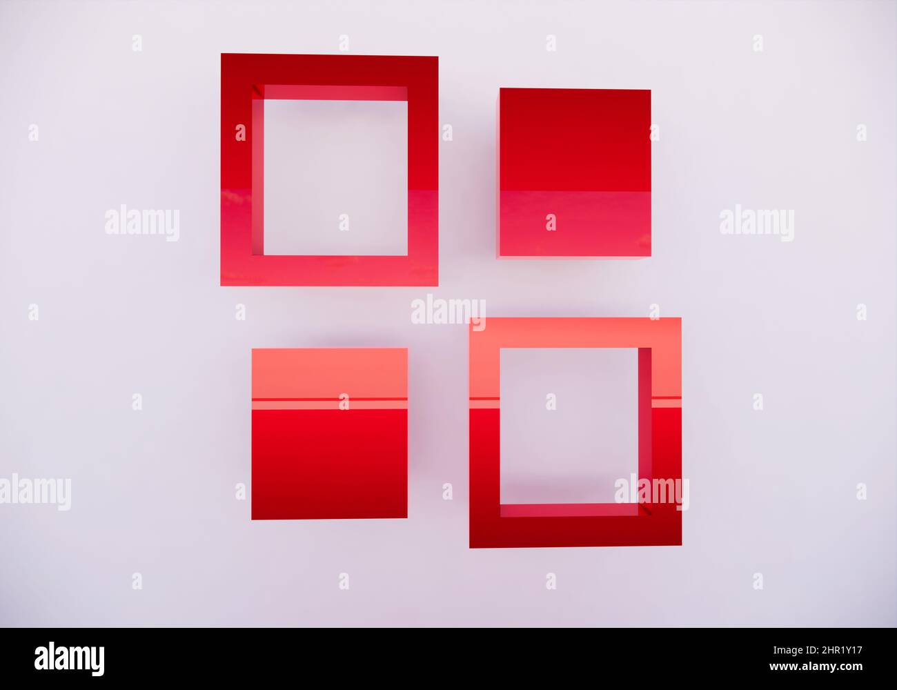 3d rendering for a product stand or studio with red boxes and red photo frames too Background