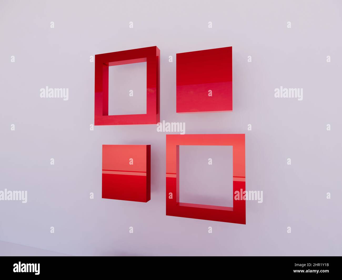 3d rendering for a product stand or studio with red boxes and red photo frames too Background
