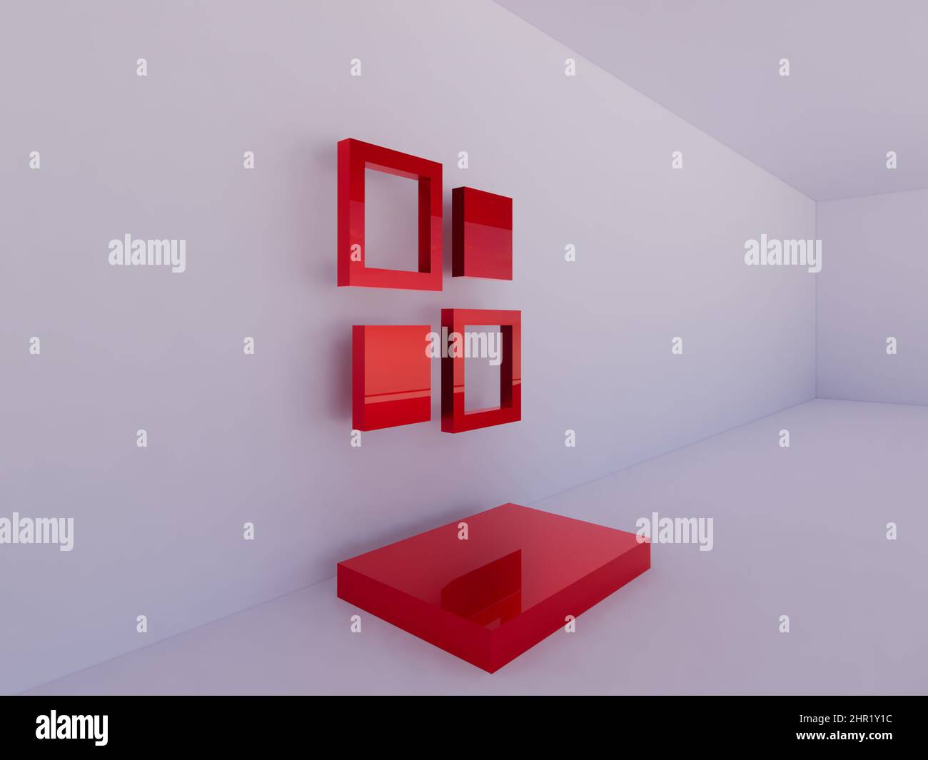 3d rendering for a product stand or studio with red boxes and red photo frames too Background