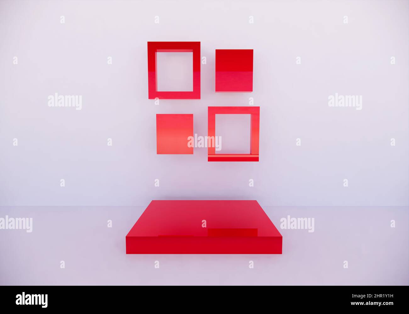 3d rendering for a product stand or studio with red boxes and red photo frames too Background