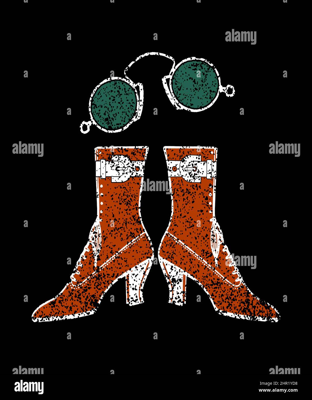 Steampunk boots and glasses graphic illustration where retro vintage meets sci fi in a grunge design on black background. Stock Photo