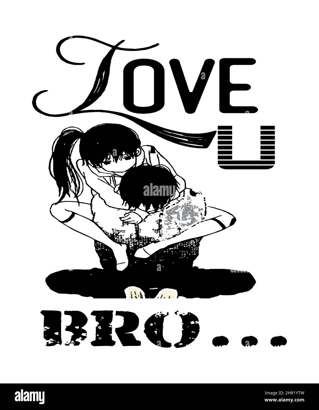 Love you bro anime sketch of siblings of a brother and sister in black text with white background. Stock Photo