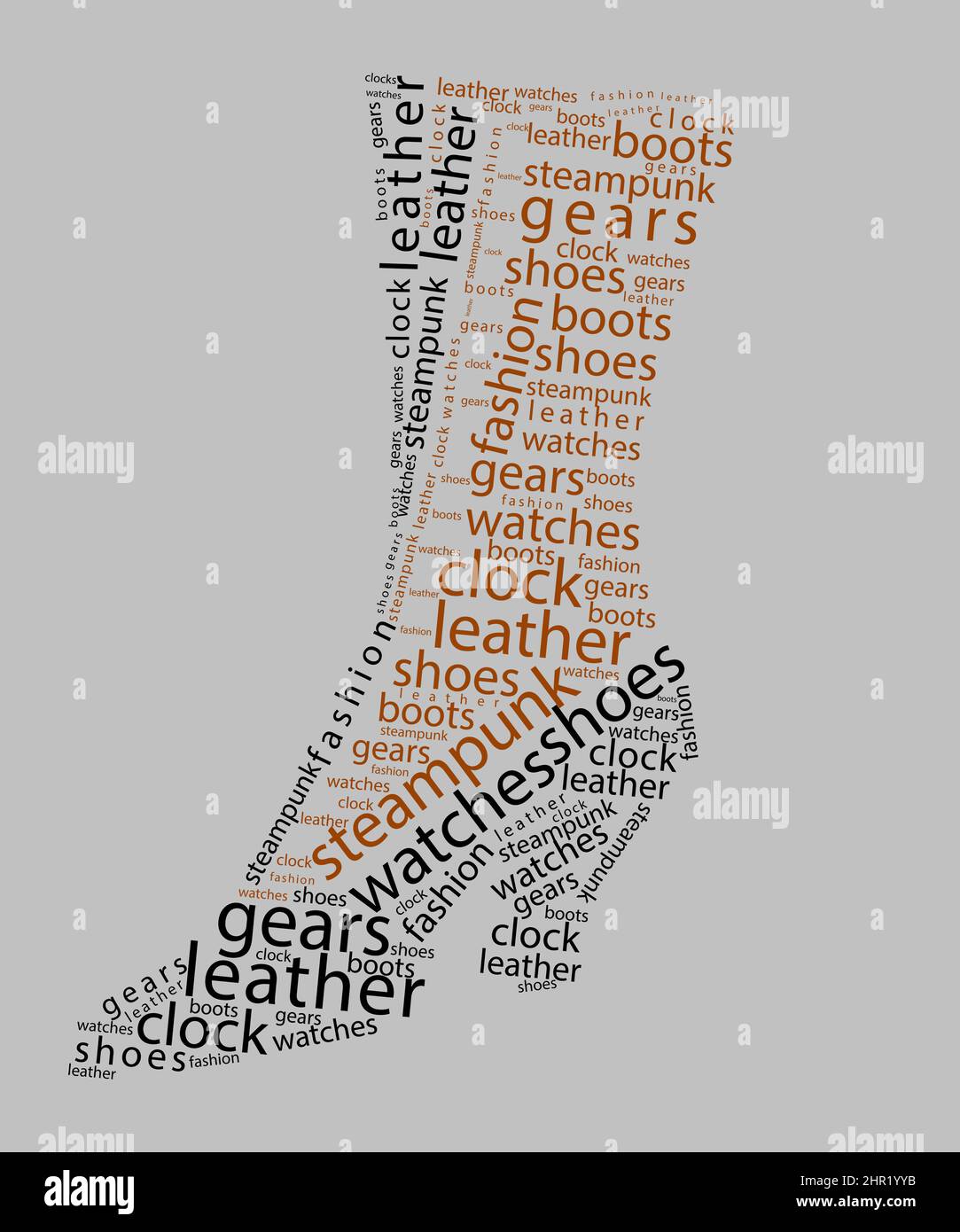 Steampunk boot word cloud where sci fi meets vintage, with a Victorian book and fashion words like: boot, shoes, gears, leather, watches. Stock Photo