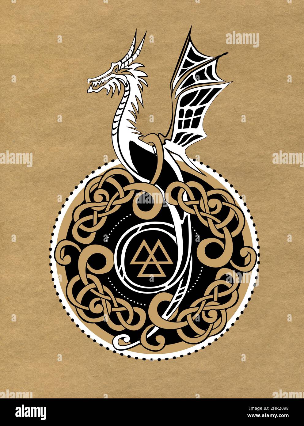 Medallion with Celtic knots and dragon. Norwegian ornament on brown old paper. Stock Photo
