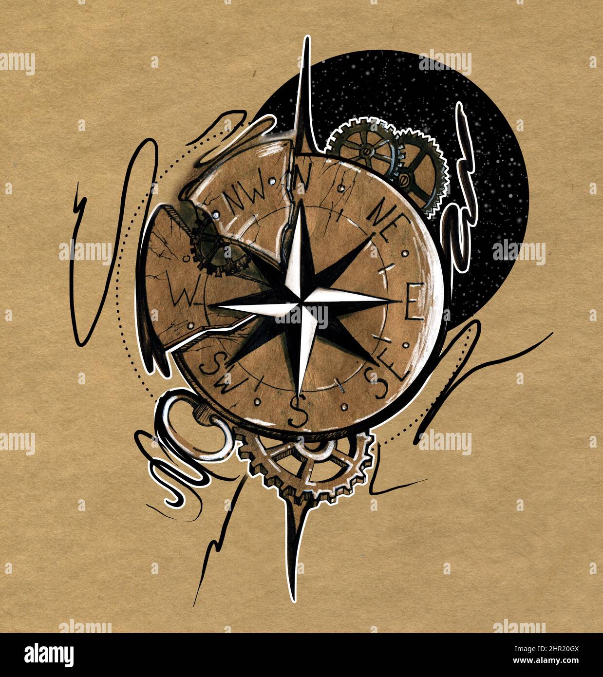 Sleeve with lion broken compass map colosseum tattoo idea | TattoosAI