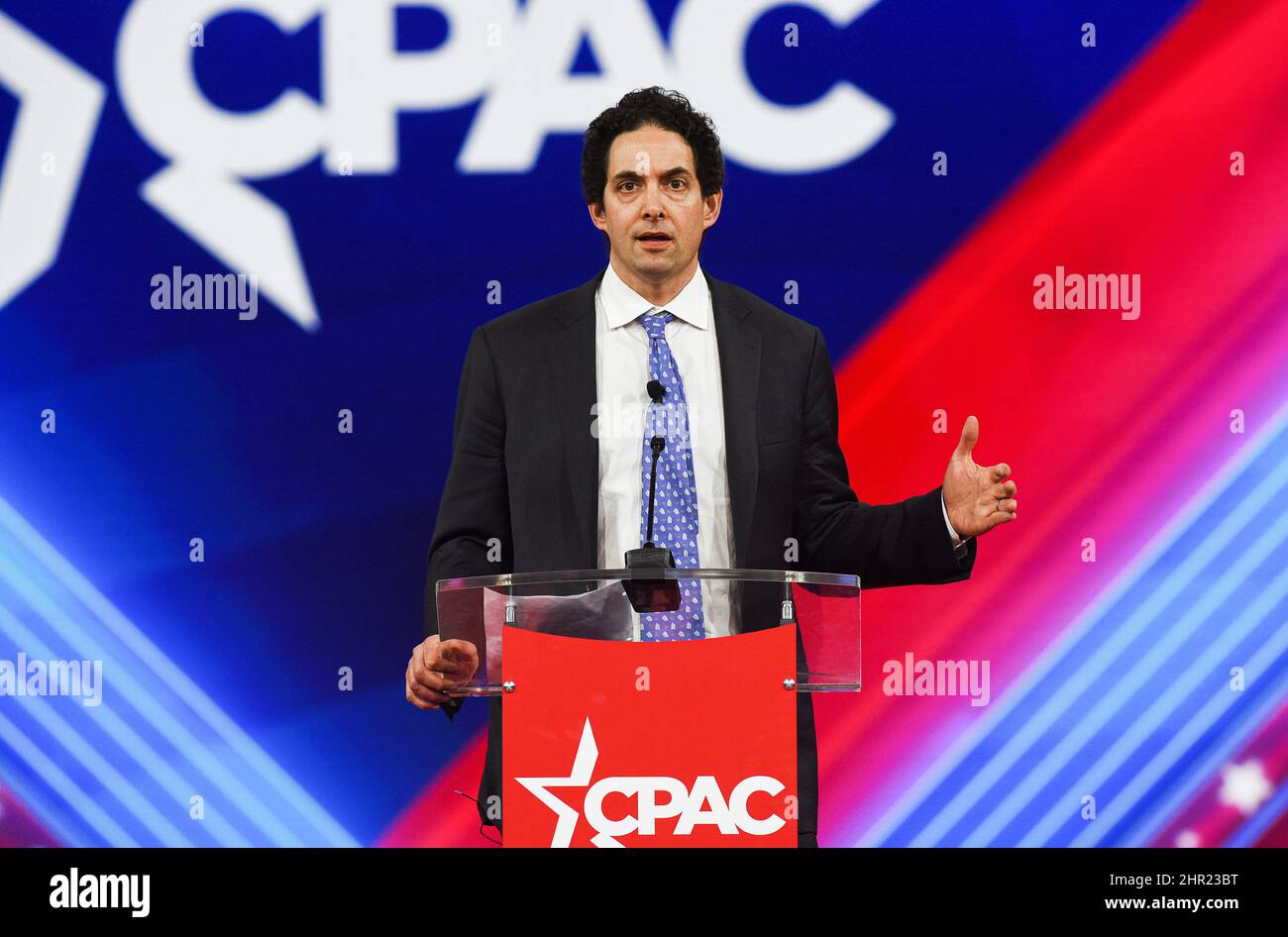Former New York Times reporter and COVID-19 vaccine critic Alex Berenson addresses attendees on day one of the 2022 Conservative Political Action Conference (CPAC) in Orlando.  Former U.S. President Donald Trump is scheduled to speak at the four-day gathering of conservatives. Stock Photo