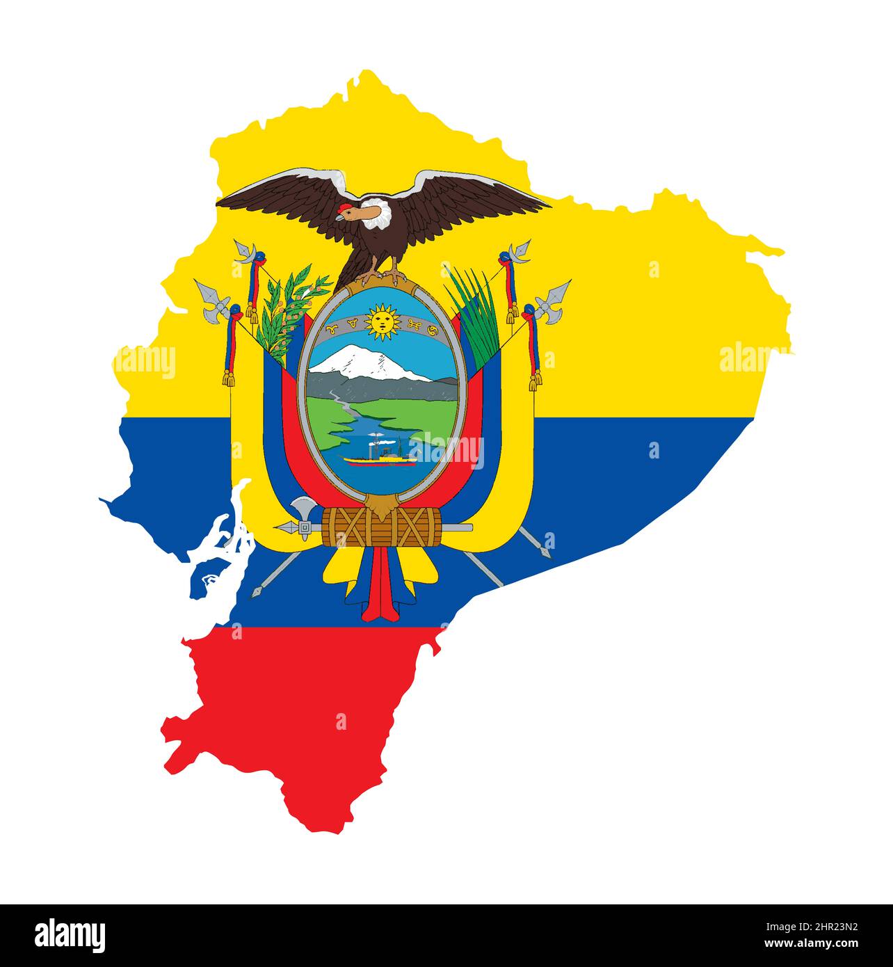 Outline silhouette map of the South American country of Ecuador set over the national flag all isolated on a white background Stock Photo