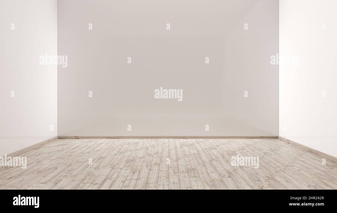 3d empty room illustration, white walls with oak hardwood floor, blank ...