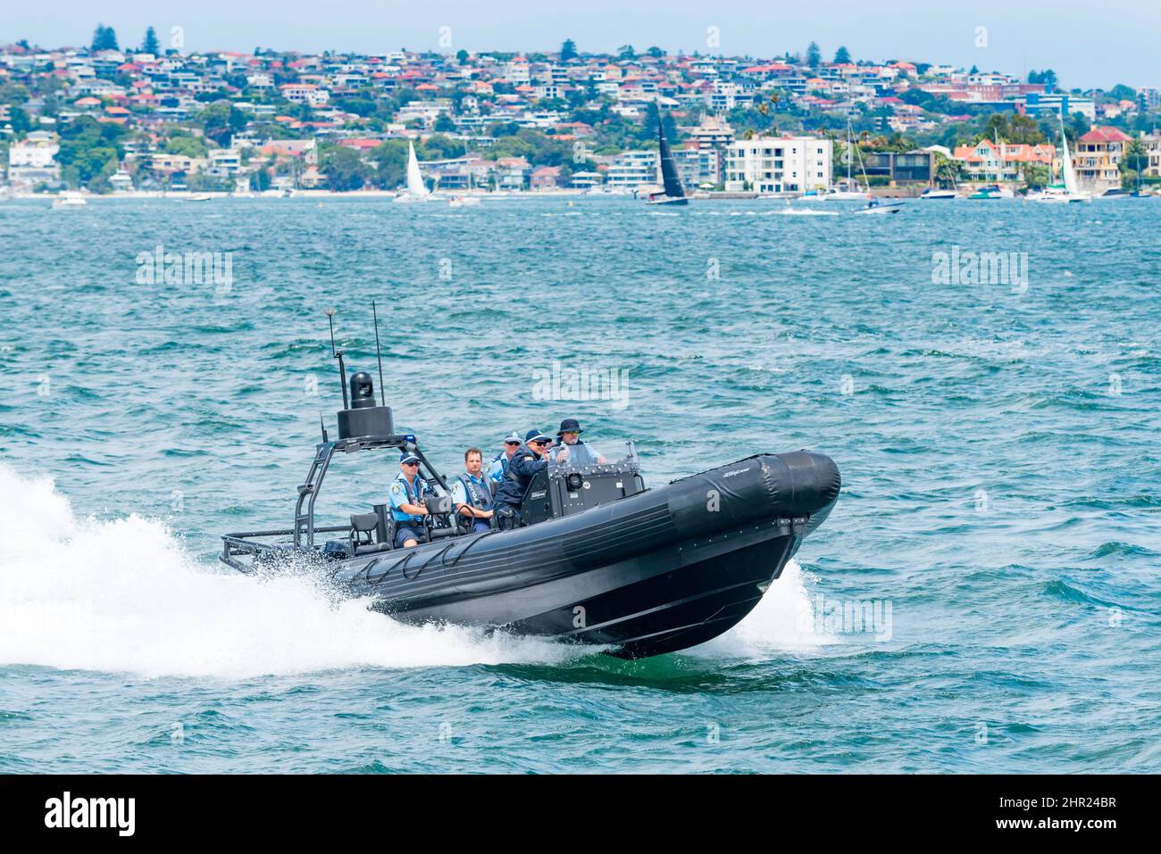 December 26 2021 Sydney Harbour, Australia: New Class 5 rigid-hulled inflatable police boats RHIBs, on the harbour for the Sydney to Hobart yacht race Stock Photo