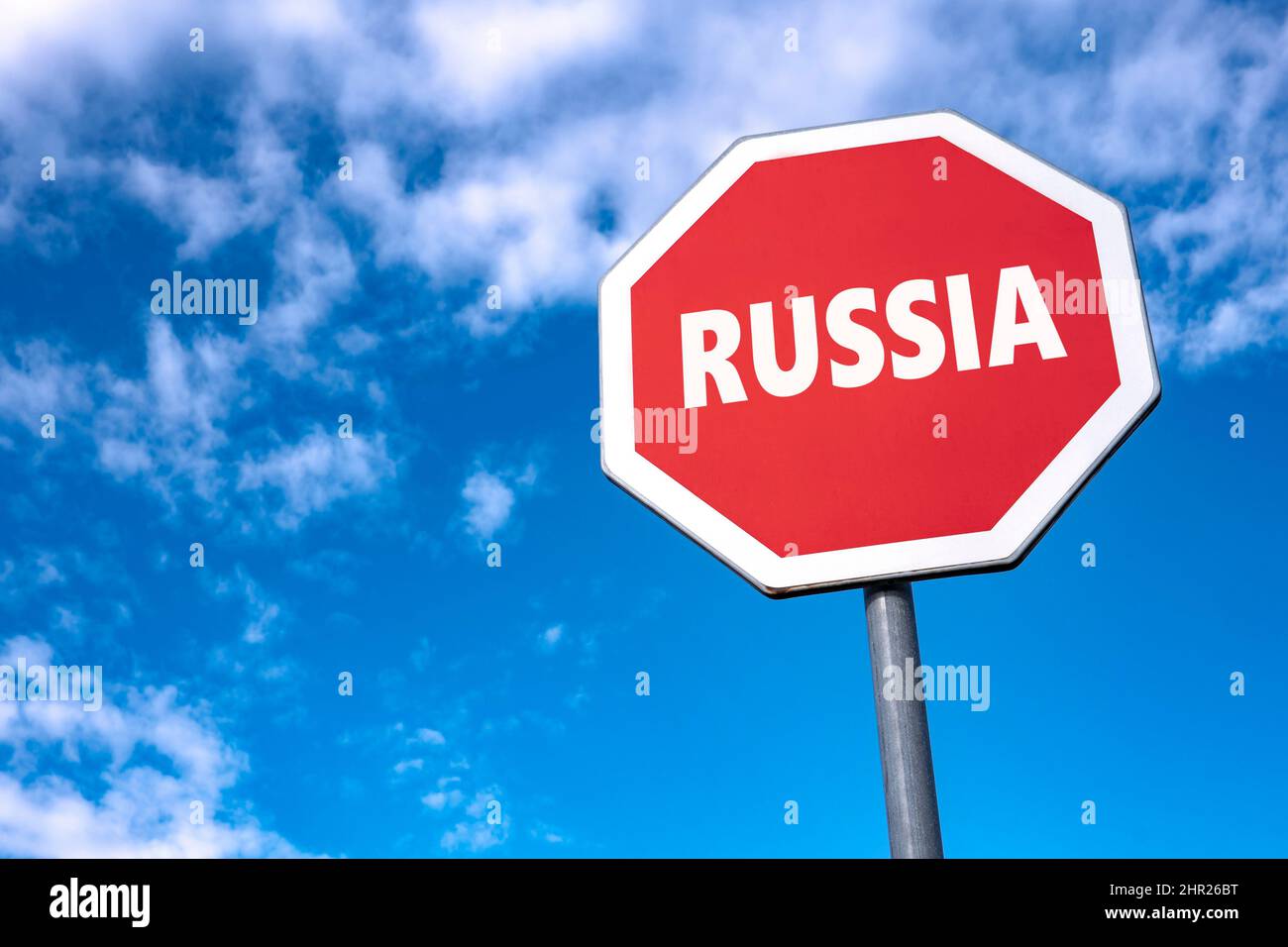 Traffic sign with RUSSIA text as a protest again Russian aggression to Ukraine and invasion to the country Stock Photo