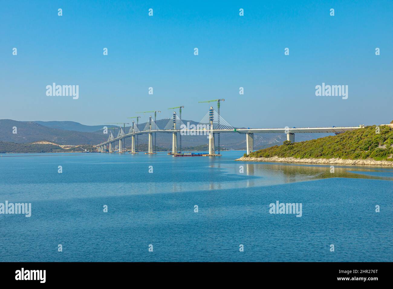 Peljesac Bridge of Croatia in construction site. Connecting the southeastern Croatian exclave to rest of the Croatia bypassing Bosnia and Herzegovina Stock Photo