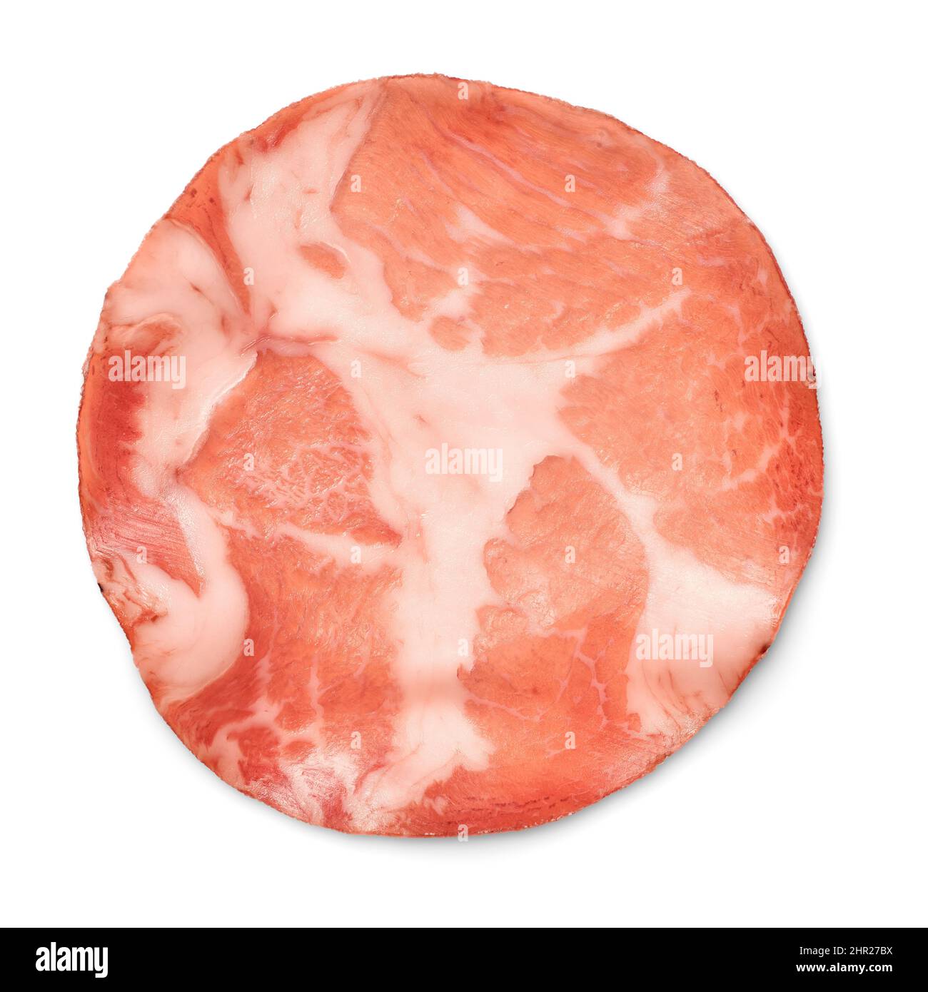 Food and drink: thin slice of cured pork meat, isolated on white background Stock Photo