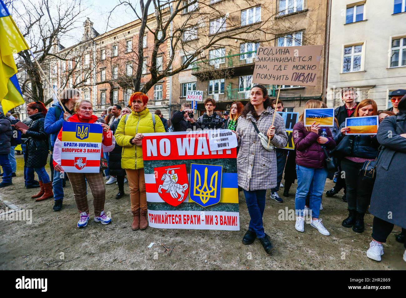 Members of Ukrainian and Belarusian community gather before the protest.  Following the beginning of the Russian invasion of Ukraine, members of the U Stock Photo