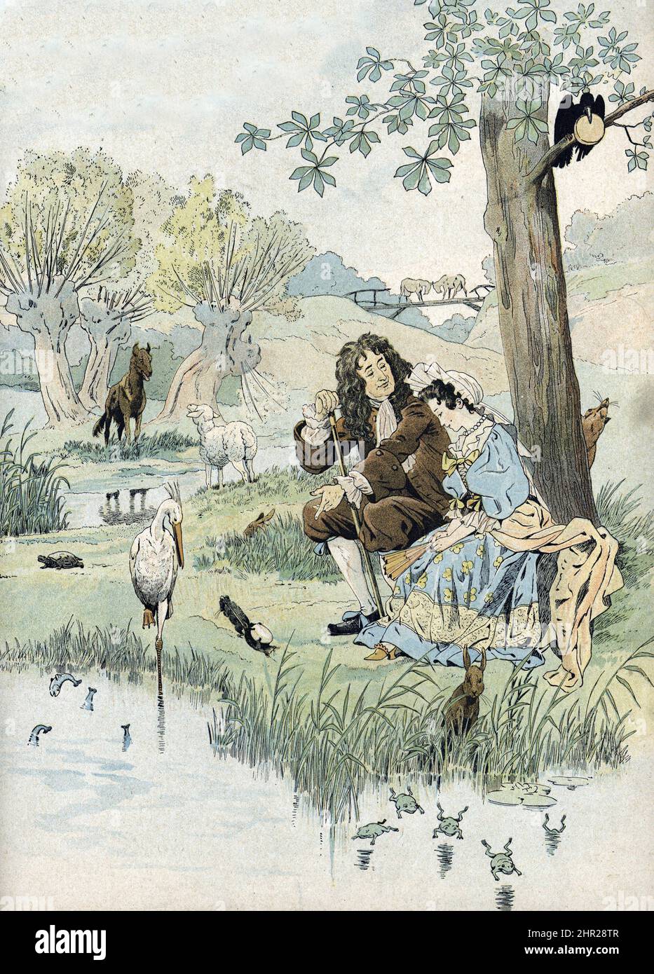 Representation de Jean de la Fontaine (1621-1695) racontant ses fables a une jeune fille entoures des animaux des fable (corbeau, grenouille, lievre, heron, agneau, tortue...) (Jean de La Fontaine (Lafontaine) telling his fables to a little girl, surrounded with animals of the stories, lamb, wolf, raven, turtle...)  Illustration de Job tire de 'La France son histoire' de Montorgueil - collection privee Stock Photo