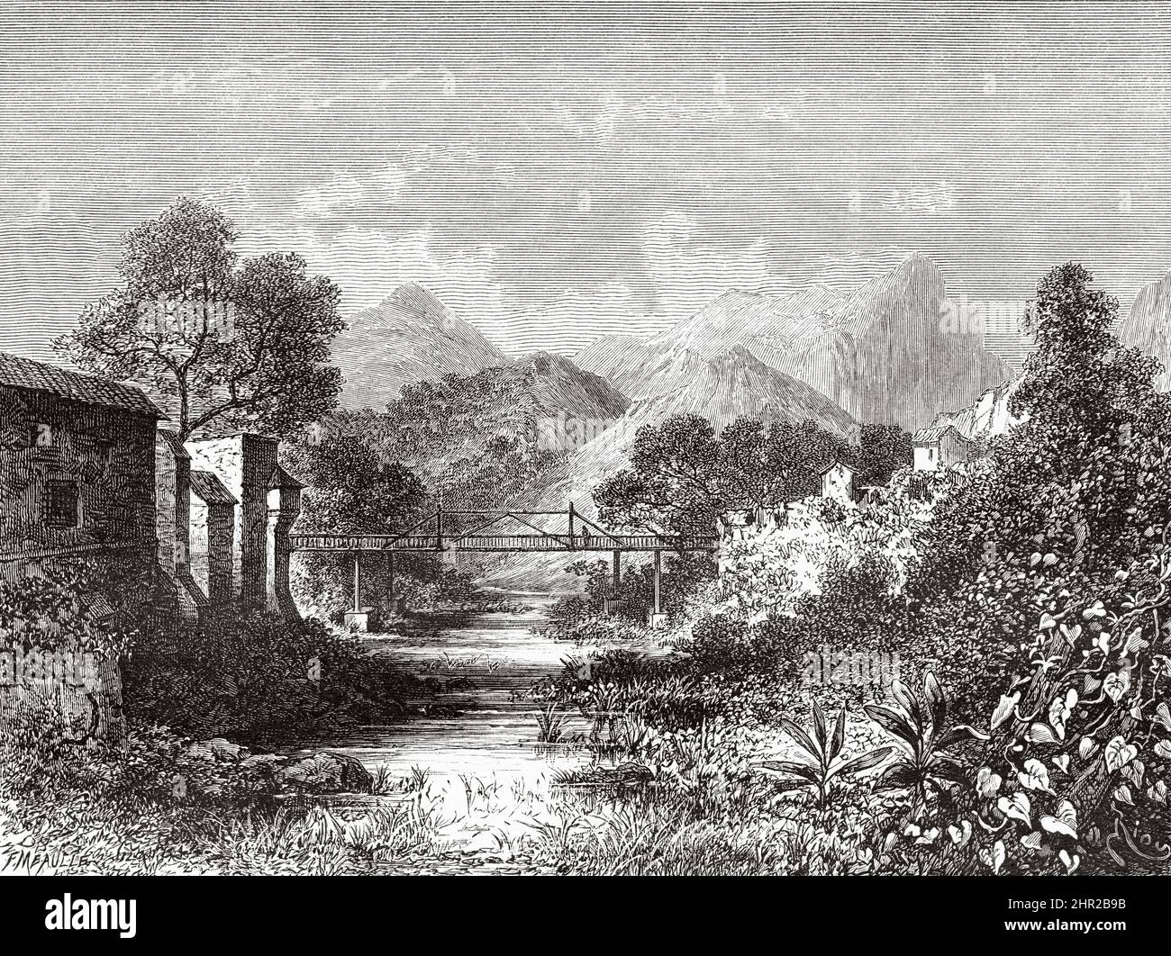 Bridge over the river Gualí in Honda, Tolima. Colombia. South America. Old 19th century engraved illustration from Journey to Colombia by Edward Francois Andre, Le Tour du Monde 1877 Stock Photo