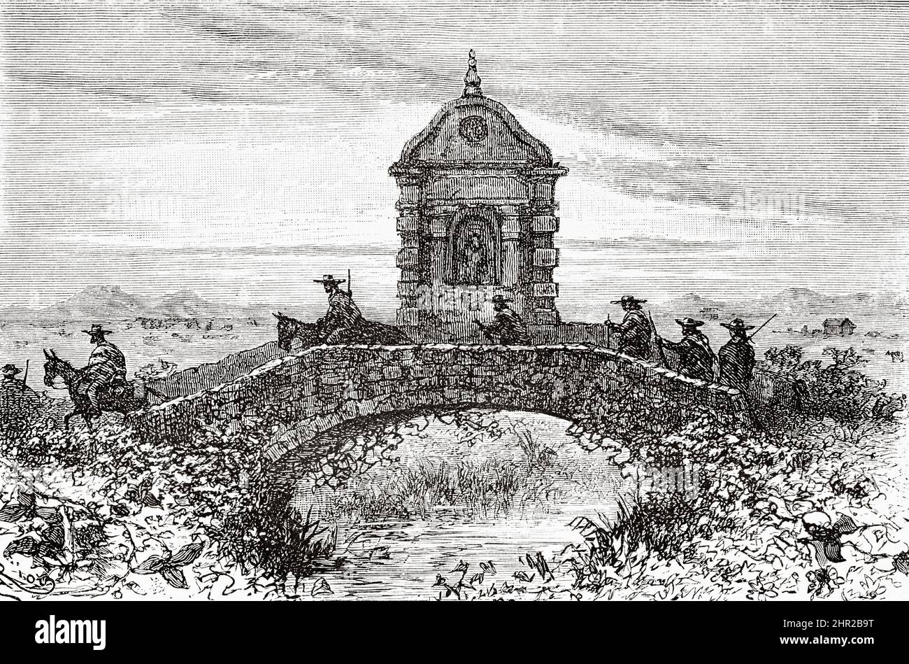 San Antonio de la Zanja Bridge, national monument carved in stone around 1670, has the effigy of Viceroy José Solís Folch de Cardona (1754-1761) Fontibon, plain of Bogota, Cundinamarca, Colombia. South America. Old 19th century engraved illustration from Journey to Colombia by Edward Francois Andre, Le Tour du Monde 1877 Stock Photo