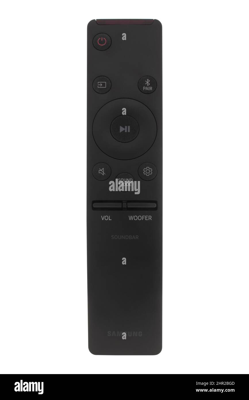 Samsung AH59-02767A soundbar remote control on white background Stock Photo