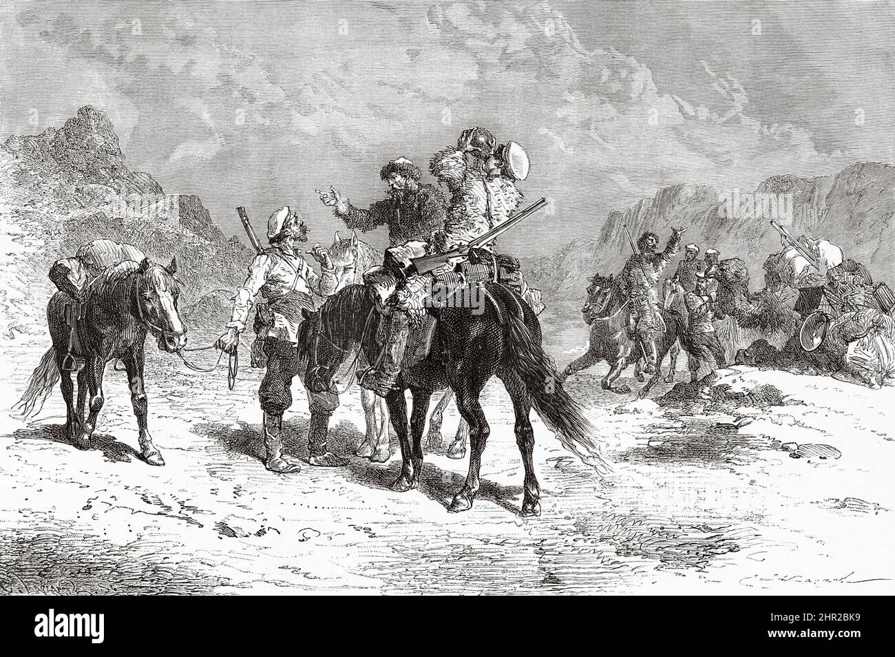 The return of the Cossack soldiers, Mongolia. Asia. Trip to Mongolia by Nikolai Mijailovich Przewalski in 1870-1873, Le Tour du Monde 1877 Stock Photo