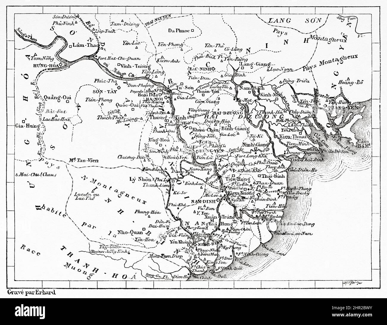 Old map of the Tonkin delta, Vietnam. Asia. Conquest of the Tonkin Delta by Romanet de Caillaud Stock Photo