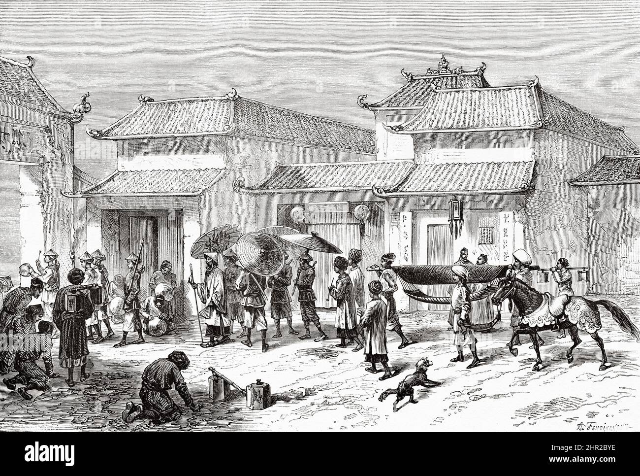 Procession of a great mandarin through a street in the city of Hanoi, Vietnam. Asia. Conquest of the Tonkin Delta by Romanet de Caillaud Stock Photo
