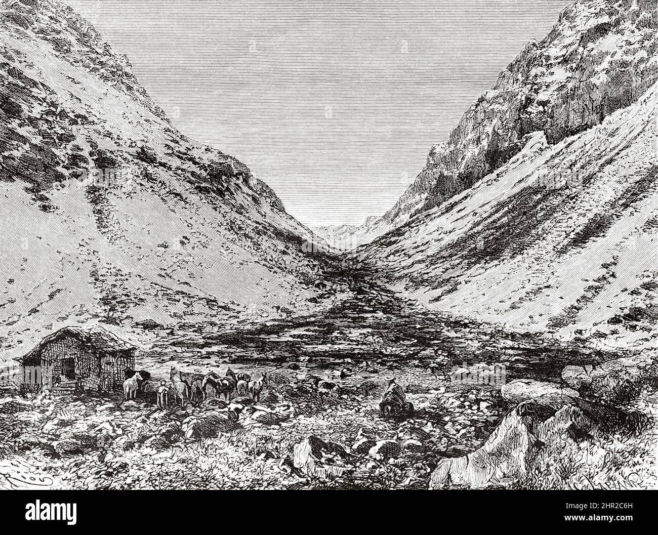 Valley leading to Uspallata Pass, Andes Mountains, Argentina. South America. Through the Pampas and the Cordillera, from Montevideo to Santa Rosa (Chile) by Desiré Charnay, 1876 Stock Photo