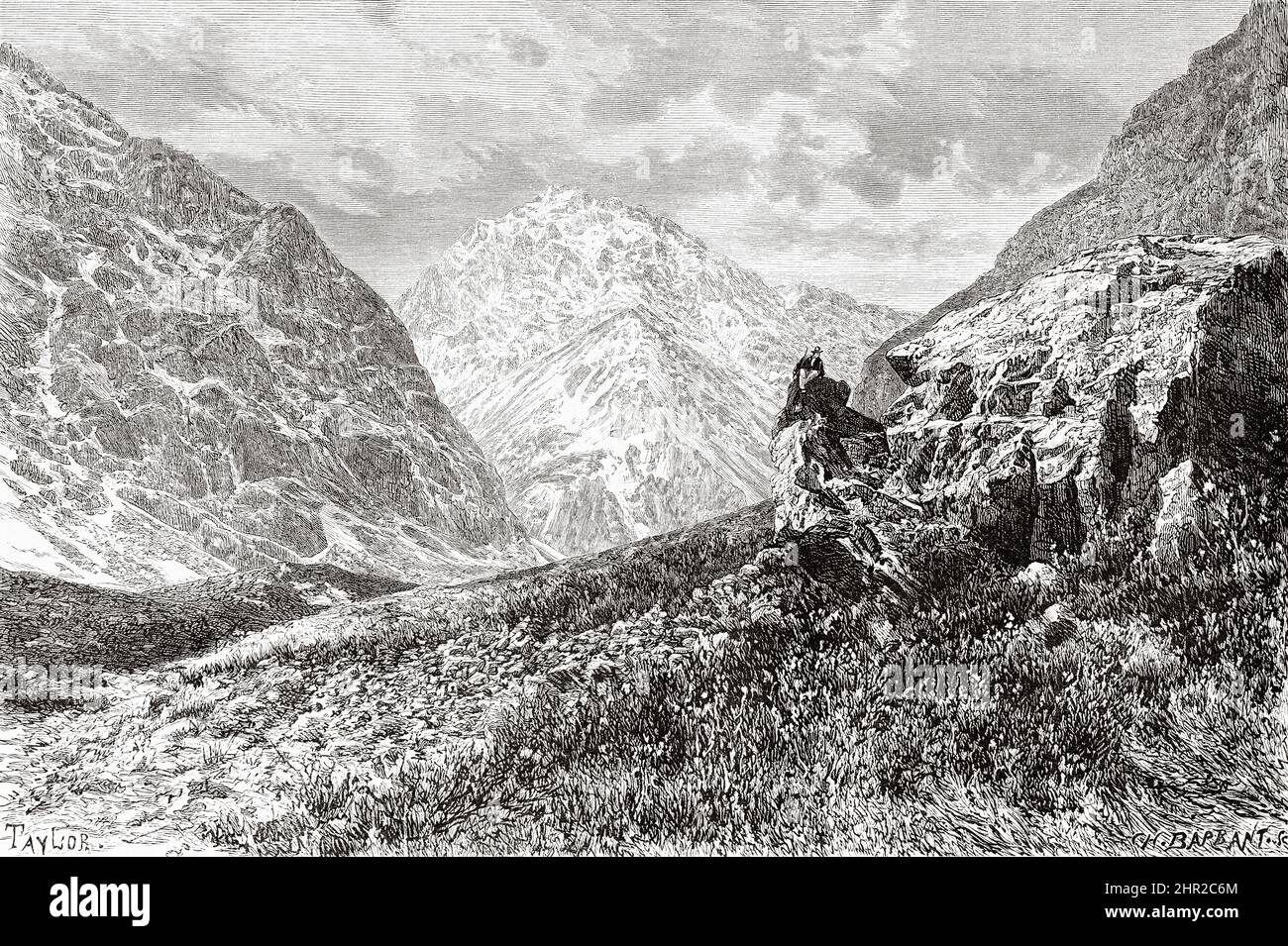 The Nevado Juncal massif, Andes Mountains, Argentina. South America. Through the Pampas and the Cordillera, from Montevideo to Santa Rosa (Chile) by Desiré Charnay, 1876 Stock Photo