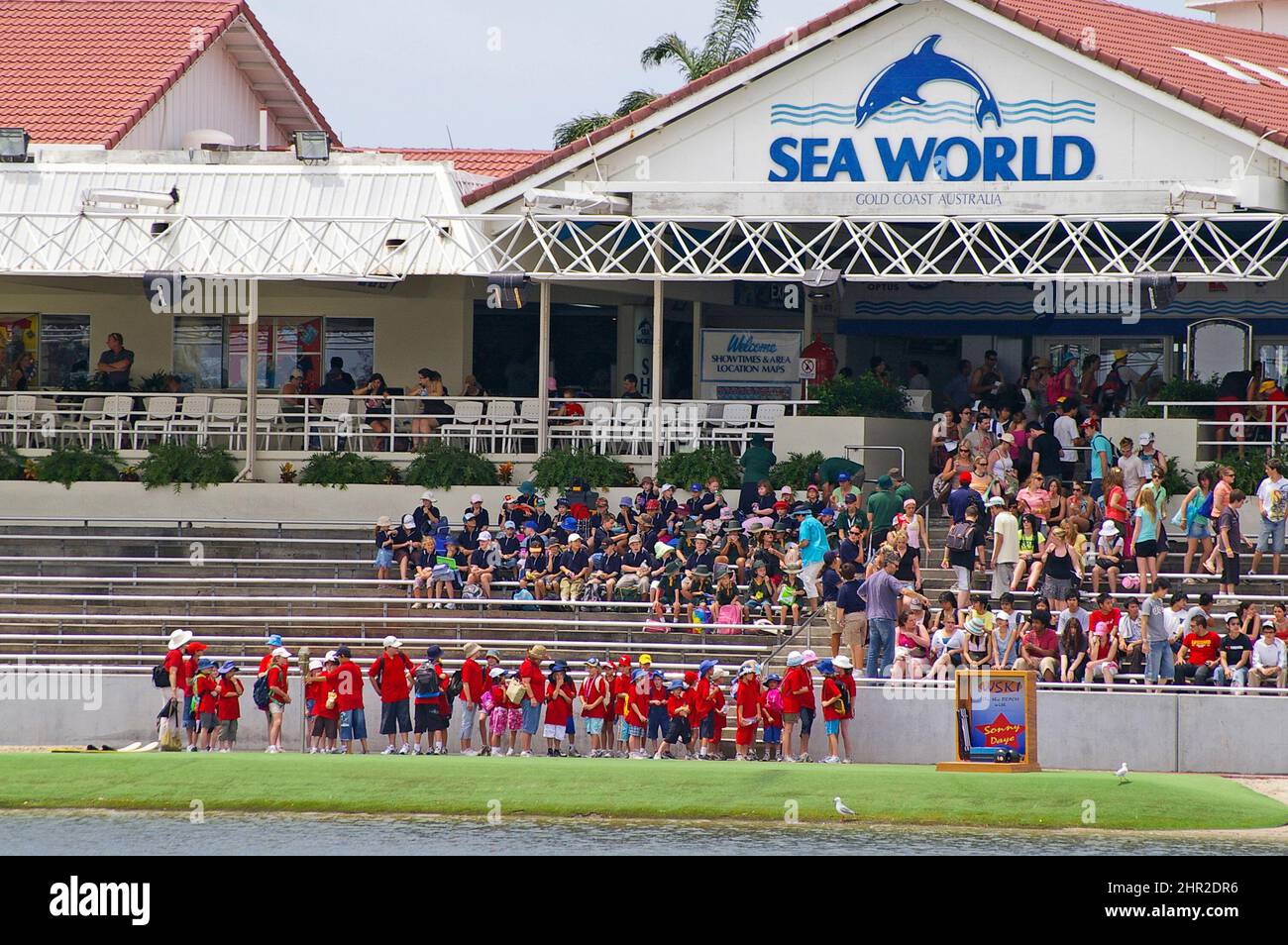 Entrance to Sea World, 2005. School parties and others waiting to enter Sea World theme park on the Gold Coast, Queensland, Australia. Stock Photo