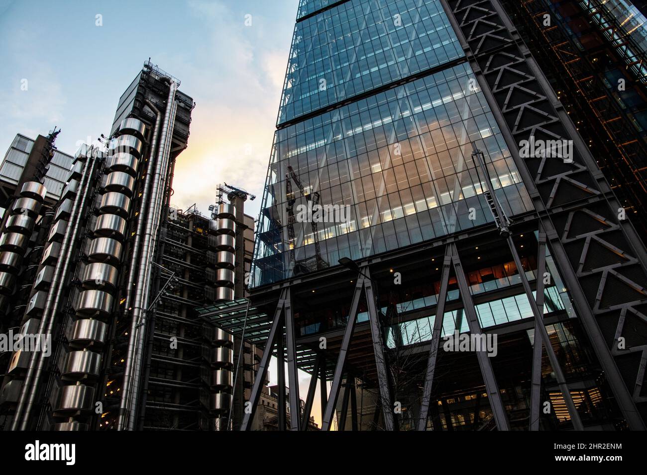 The Lloyd's Building, 1 Lime St, London; designed by Richard Rogers & Partners in 1986 and the Cheesegrater (The Leadenhall Building) Stock Photo