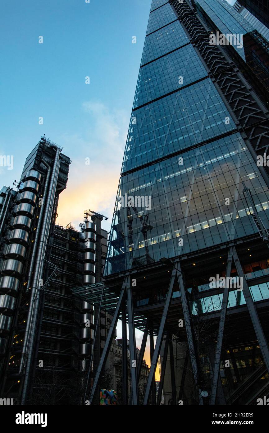 The Lloyd's Building, 1 Lime St, London; designed by Richard Rogers & Partners in 1986 and the Cheesegrater (The Leadenhall Building) Stock Photo