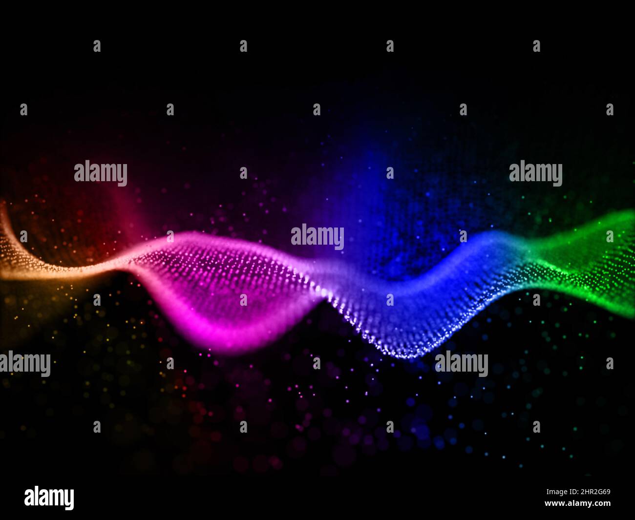 3D render of a network communications background with rainbow coloured digital particles Stock Photo