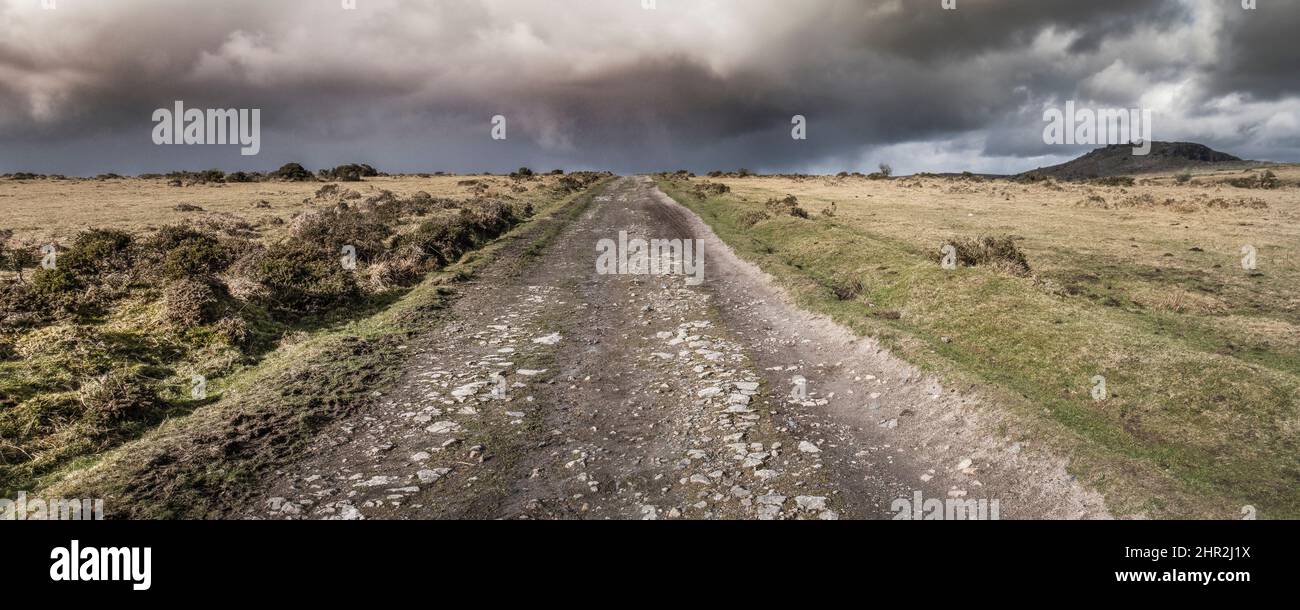 A panoramic image of the remains of a disused railway track now used as a cycle and walking route across Craddock Moor on Bodmin Moor in Cornwall UK. Stock Photo