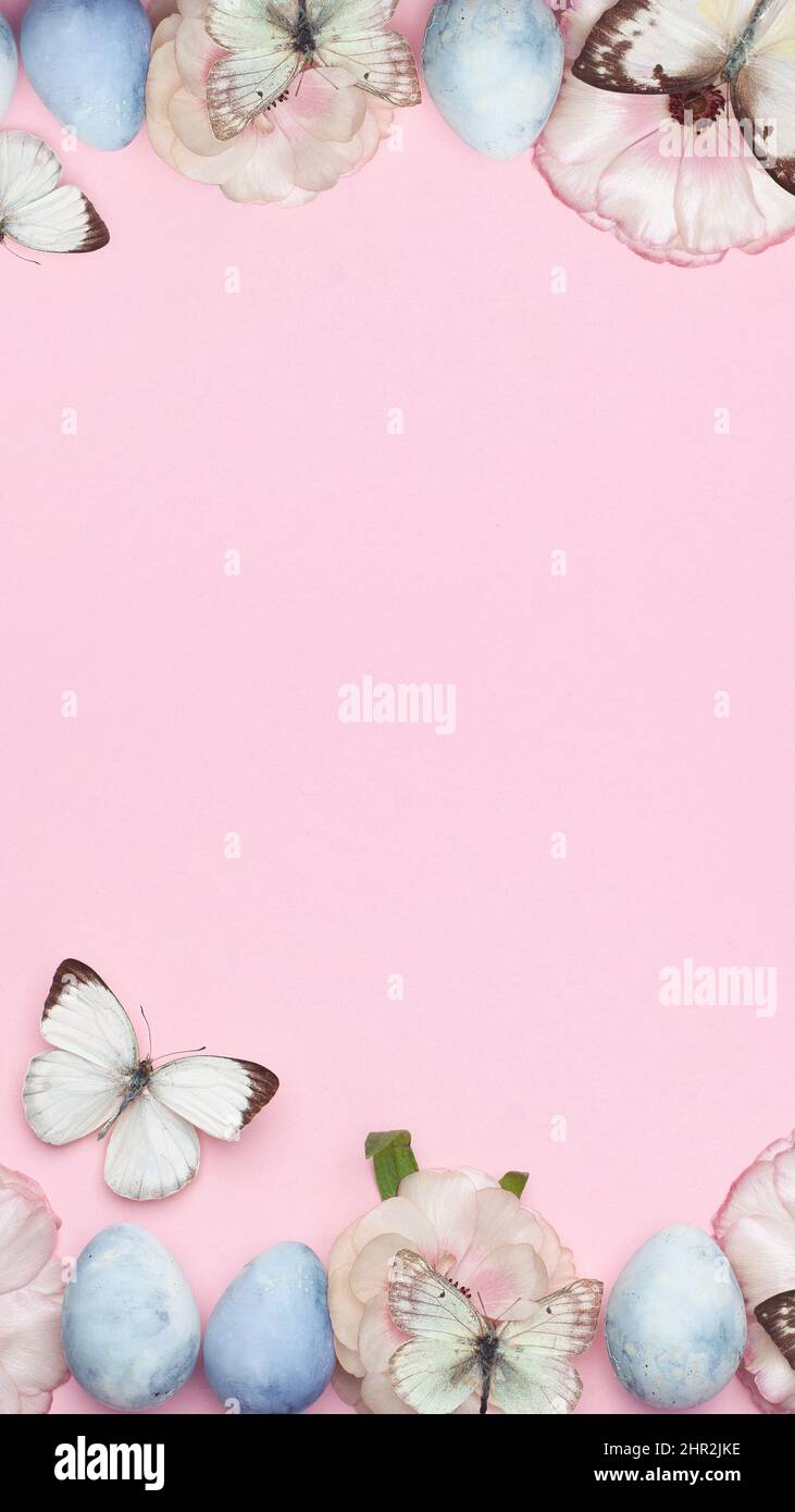 Happy easter wallpaper. Gentle spring flowers, Easter egg and butterfly on pink Stock Photo