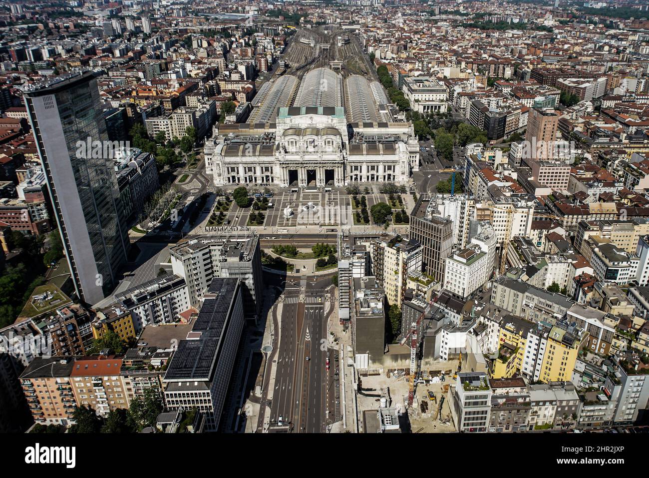 Italy, Lombardy, Milan aerial view, Stazione centrale Stock Photo