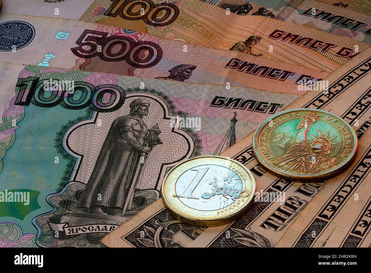 Euro Dollar Coin Inflation Ukraine War Financial Sanctions Exchange Rate 1000 500 100 50 Macro Shot Stock Photo