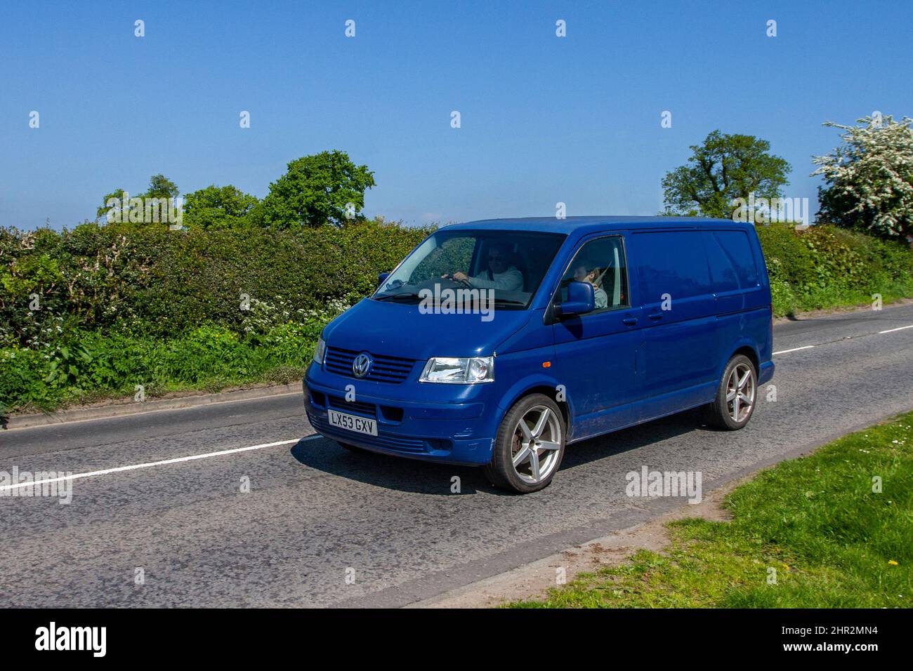 2003 blue VW Transporter 1.9SDI diesel Van; en-route to Capesthorne Hall classic May car show, Cheshire, UK Stock Photo